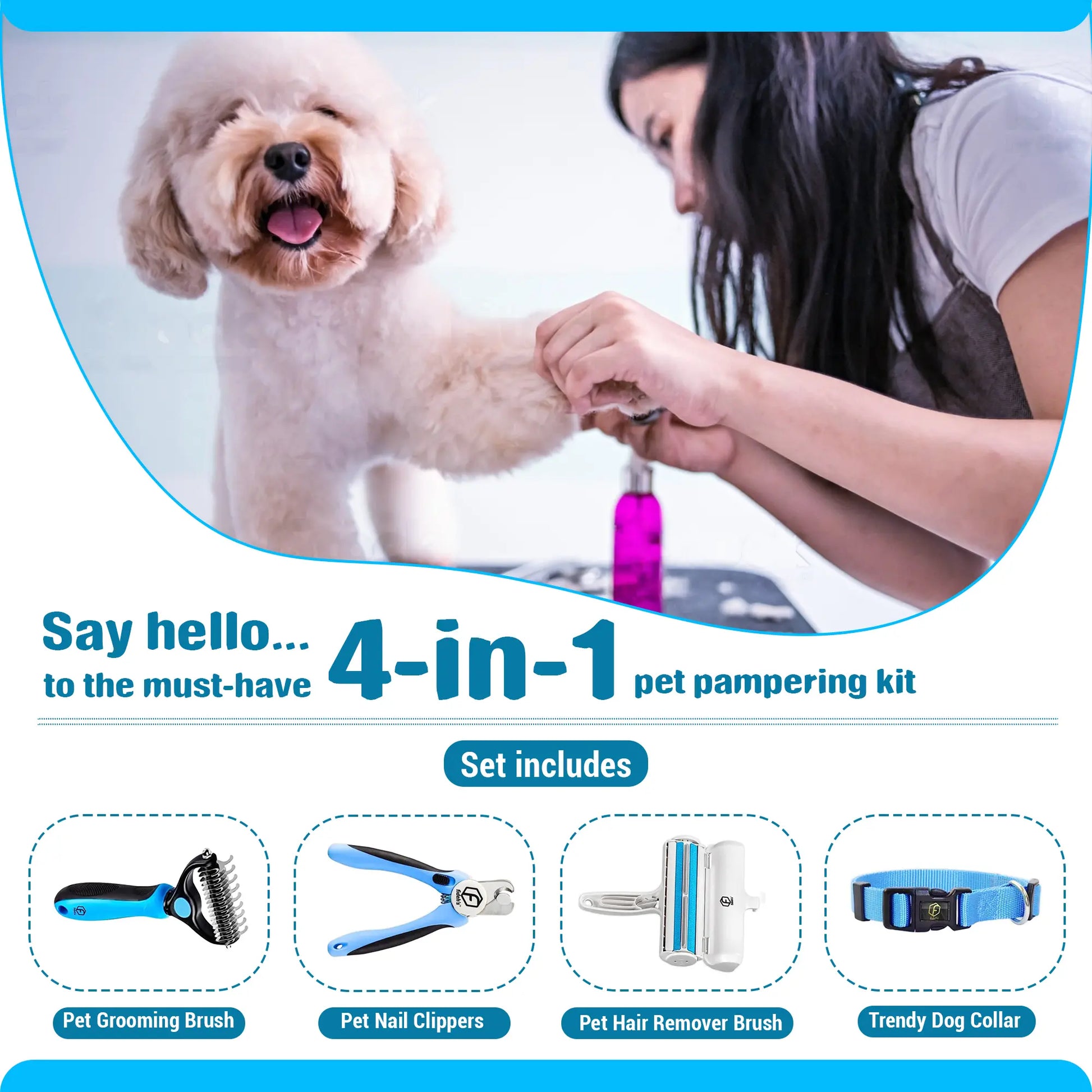 4-in-1 Pet Grooming Kit – Hair Remover Brush, Shedding Comb, Nail Clippers & Collar Included
