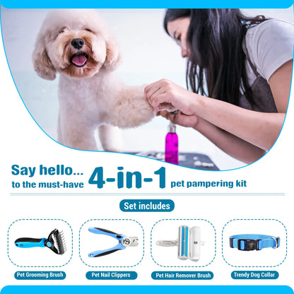 4-in-1 Pet Grooming Kit – Hair Remover Brush, Shedding Comb, Nail Clippers & Collar Included