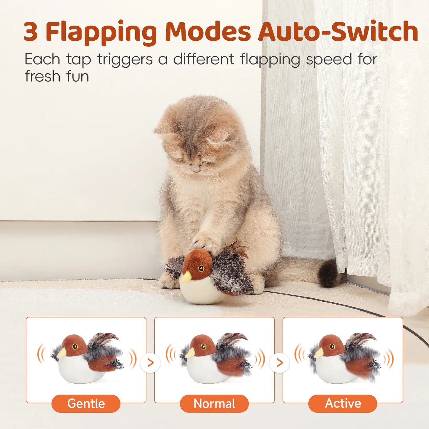 Lifelike Flapping & Chirping Bird Cat Toy – Rechargeable, Touch-Activated Interactive Kicker