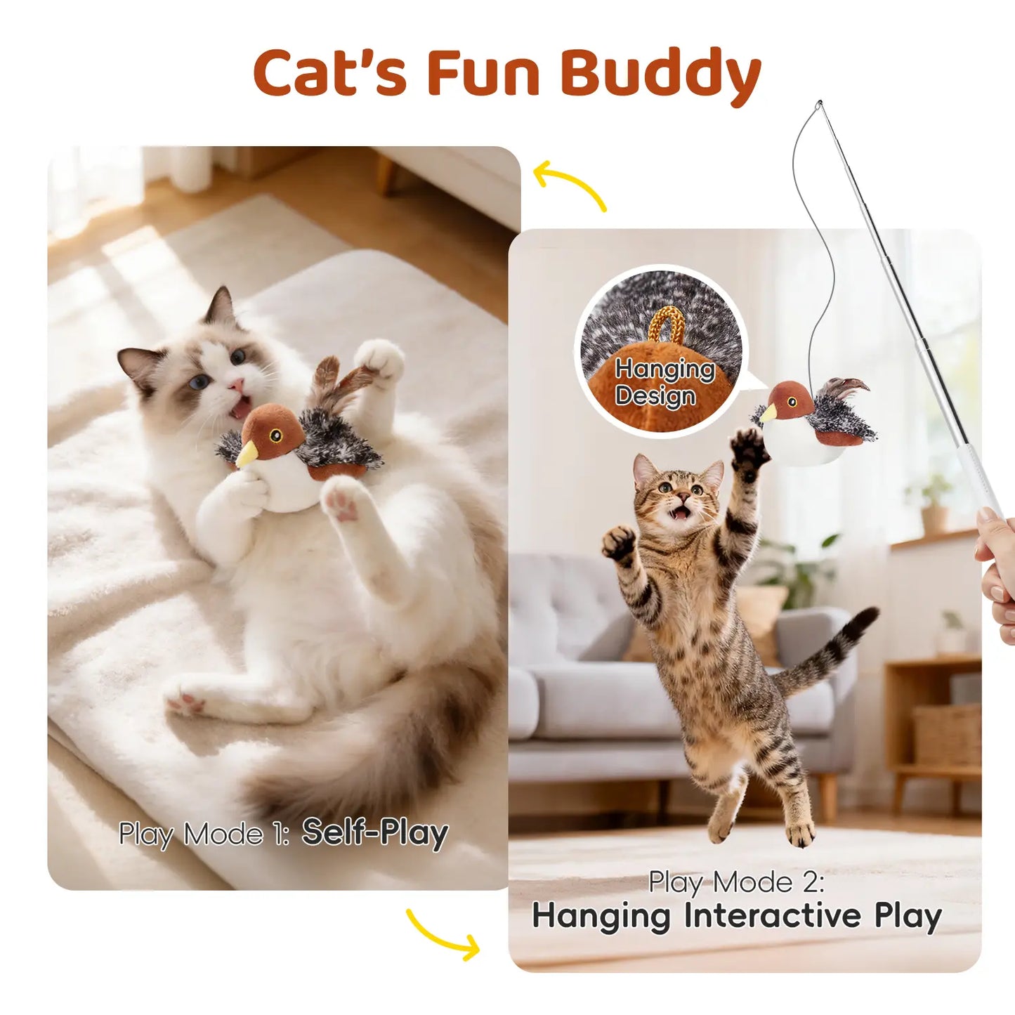 Lifelike Flapping & Chirping Bird Cat Toy – Rechargeable, Touch-Activated Interactive Kicker