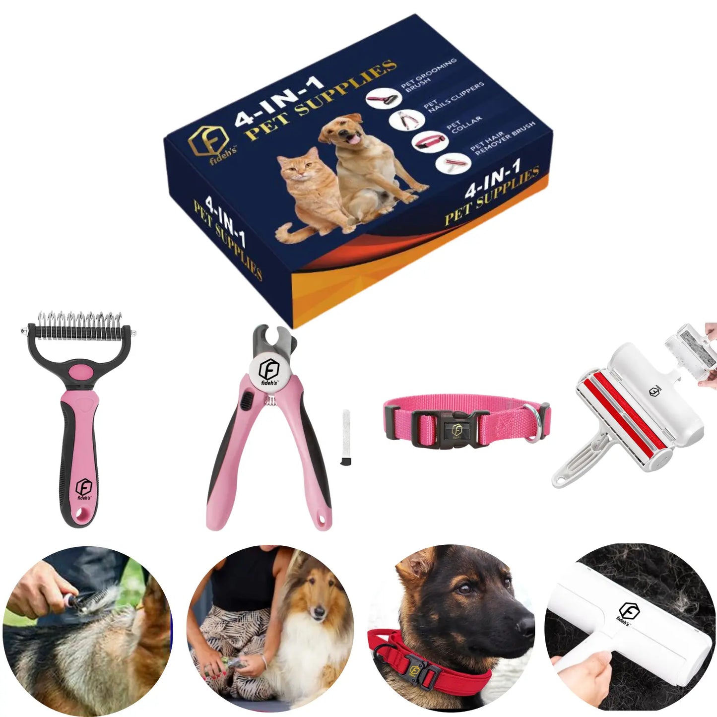 4-in-1 Pet Grooming Kit – Hair Remover Brush, Shedding Comb, Nail Clippers & Collar Included