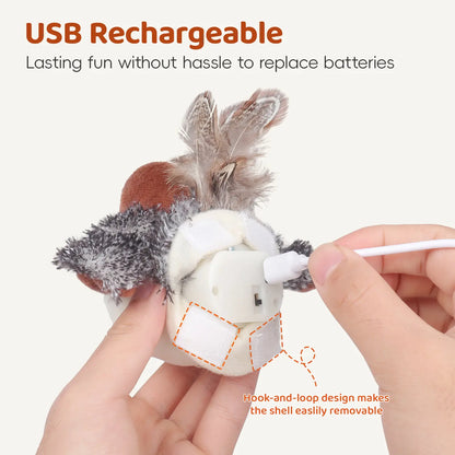 Lifelike Flapping & Chirping Bird Cat Toy – Rechargeable, Touch-Activated Interactive Kicker