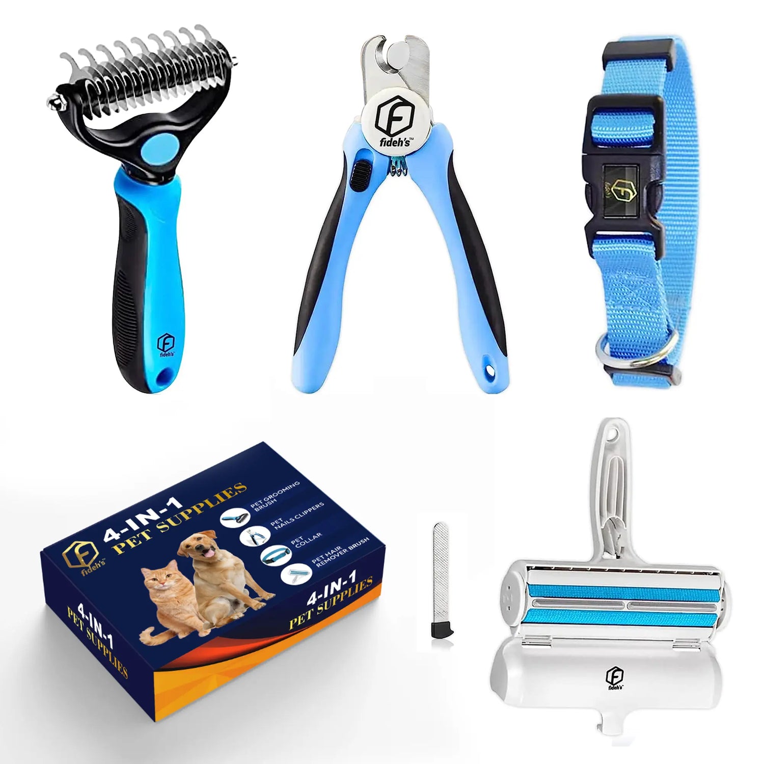 4-in-1 Pet Grooming Kit – Hair Remover Brush, Shedding Comb, Nail Clippers & Collar Included