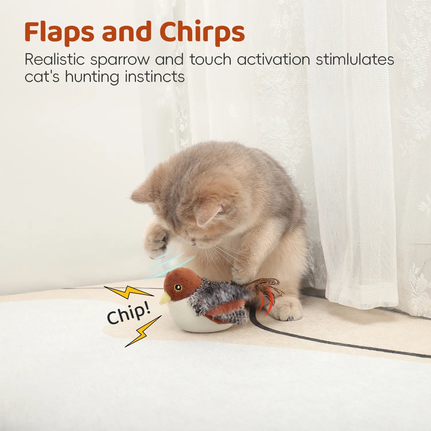 Lifelike Flapping & Chirping Bird Cat Toy – Rechargeable, Touch-Activated Interactive Kicker
