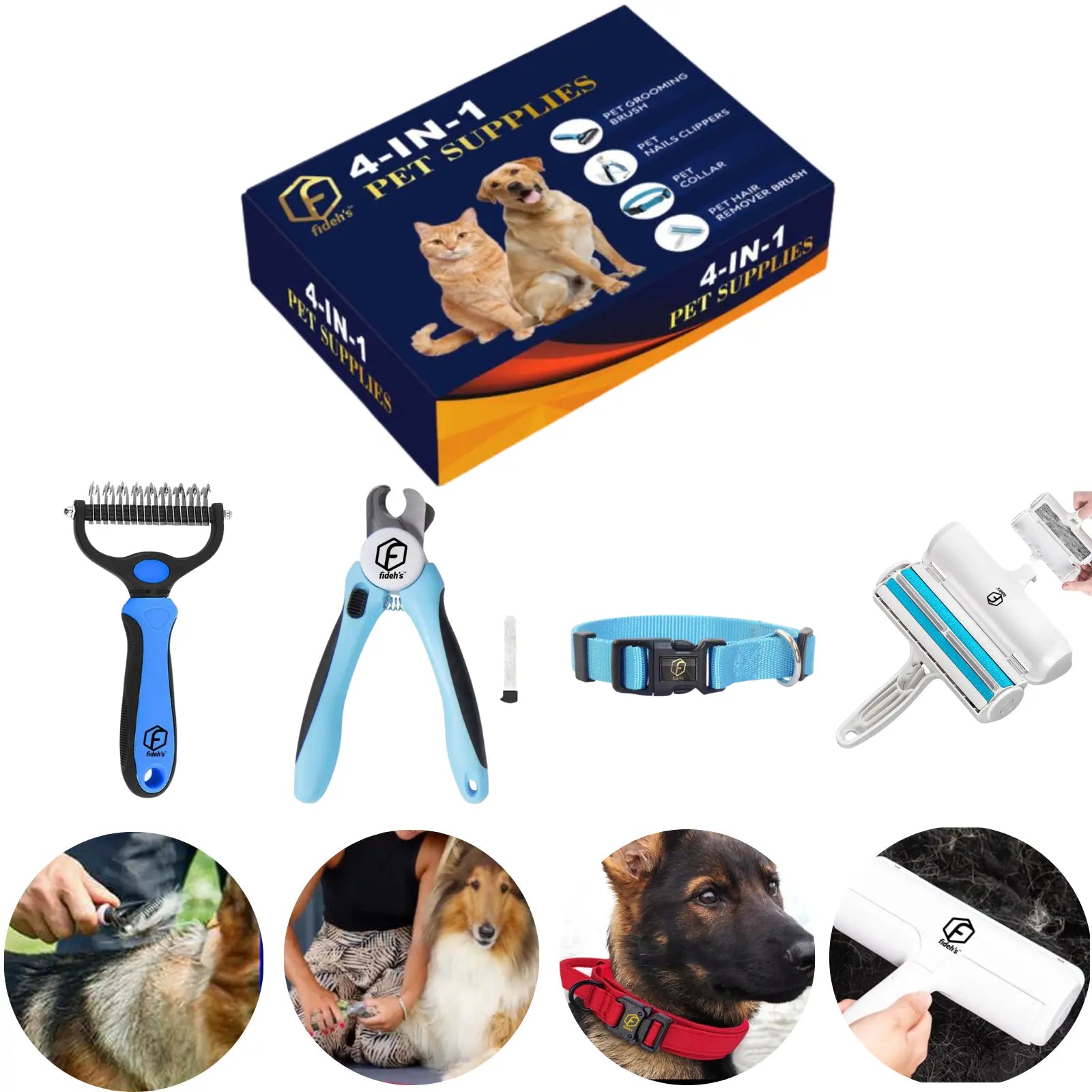 4-in-1 Pet Grooming Kit – Hair Remover Brush, Shedding Comb, Nail Clippers & Collar Included