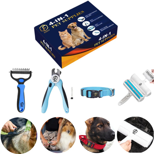 4-in-1 Pet Grooming Kit – Hair Remover Brush, Shedding Comb, Nail Clippers & Collar Included